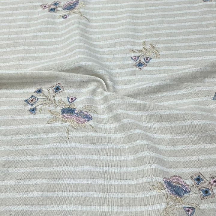 Wide Botanical Embroidered Linen Fabric Hand-Stitched Floral Pattern Designer