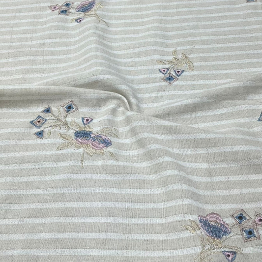 Wide Botanical Embroidered Linen Fabric Hand-Stitched Floral Pattern Designer