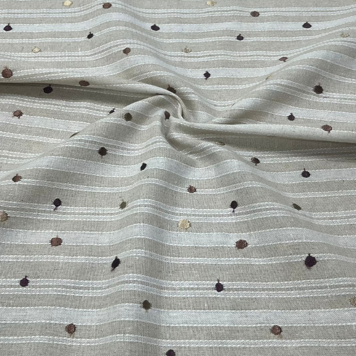Premium Linen Embroidery Striped & Dot Pattern Fabric Big Width