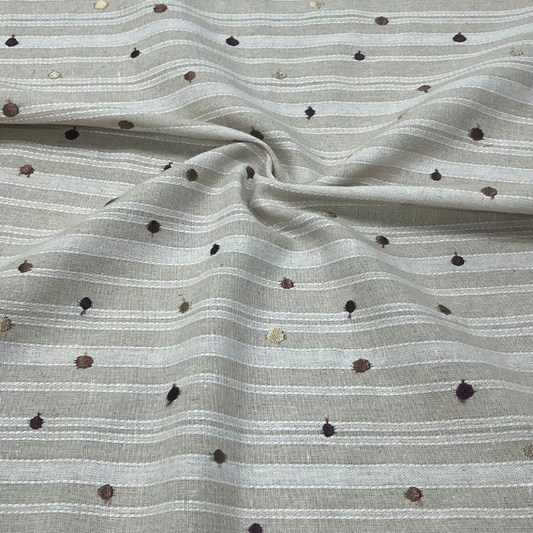 Premium Linen Embroidery Striped & Dot Pattern Fabric Big Width