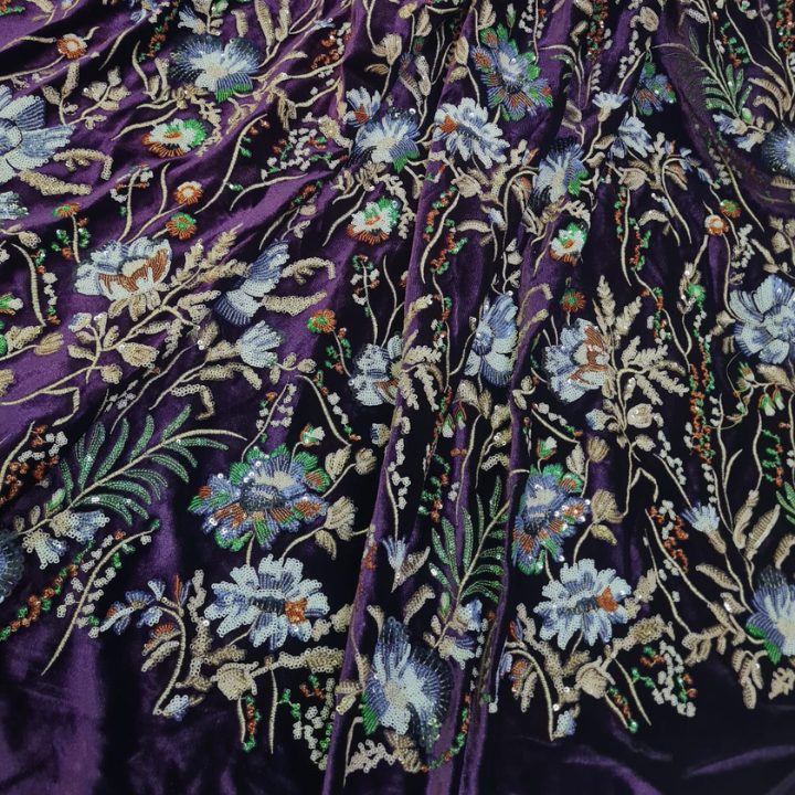 Premium Embroidered Lycra Velvet Fabric  Heavy Floral Work