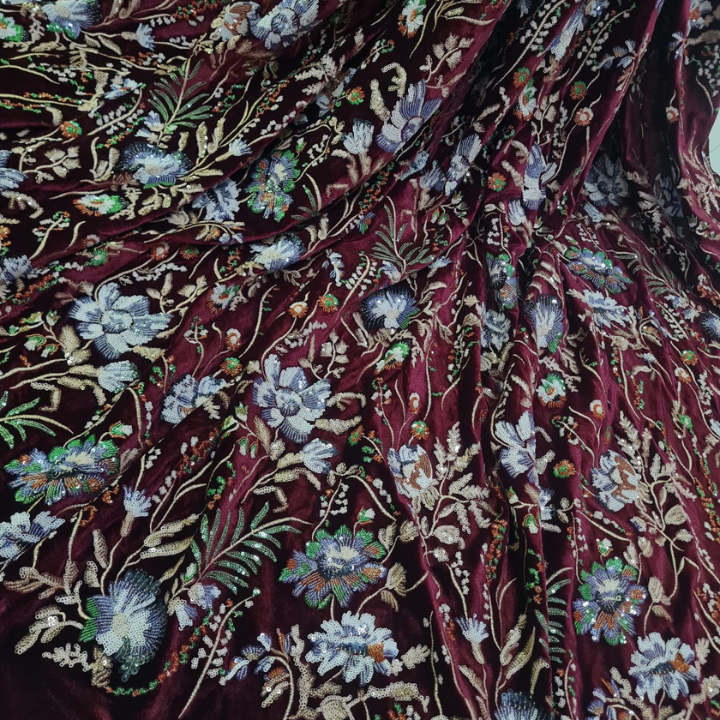Premium Embroidered Lycra Velvet Fabric  Heavy Floral Work