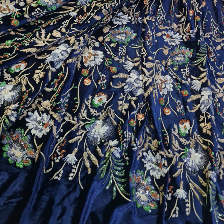 Premium Embroidered Lycra Velvet Fabric  Heavy Floral Work