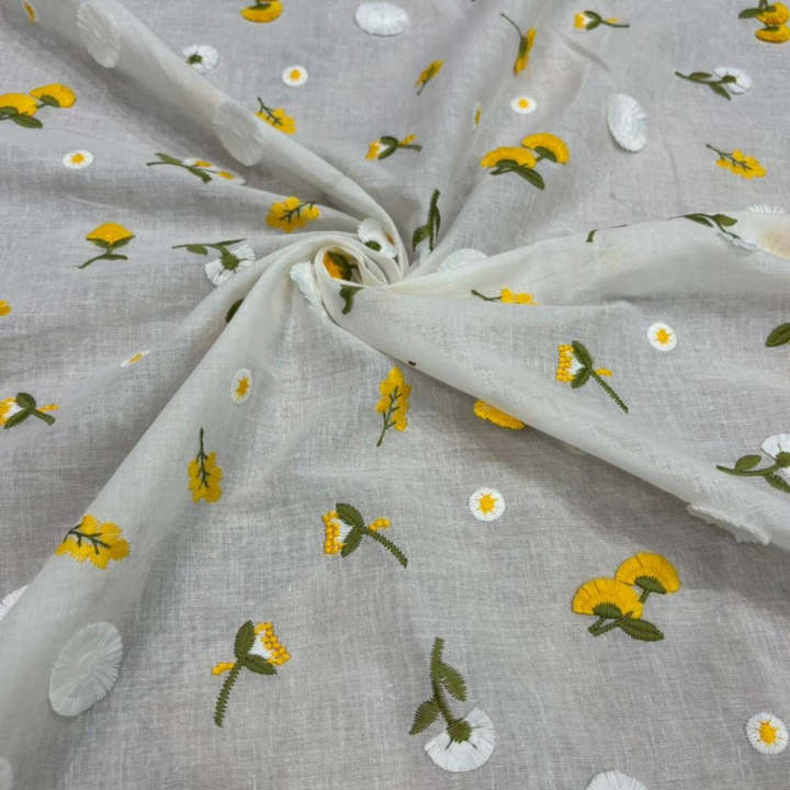 Premium Mal Cotton Multithread Floral Embroidery Fabric Big Width