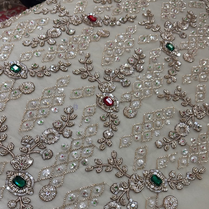 Premium Floral Vine Embroidered Net Fabric with Heavy Sequins & Stone Embellishments By The Yard