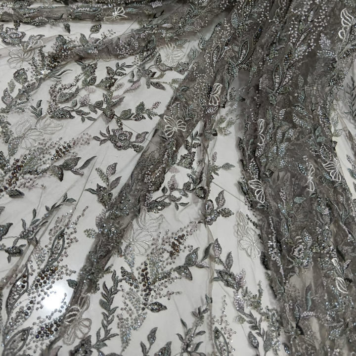 Floral Vine Embroidered Net Fabric with Cutdana & Sequin Work Big Width Premium Bridal & Party Wear Fabric