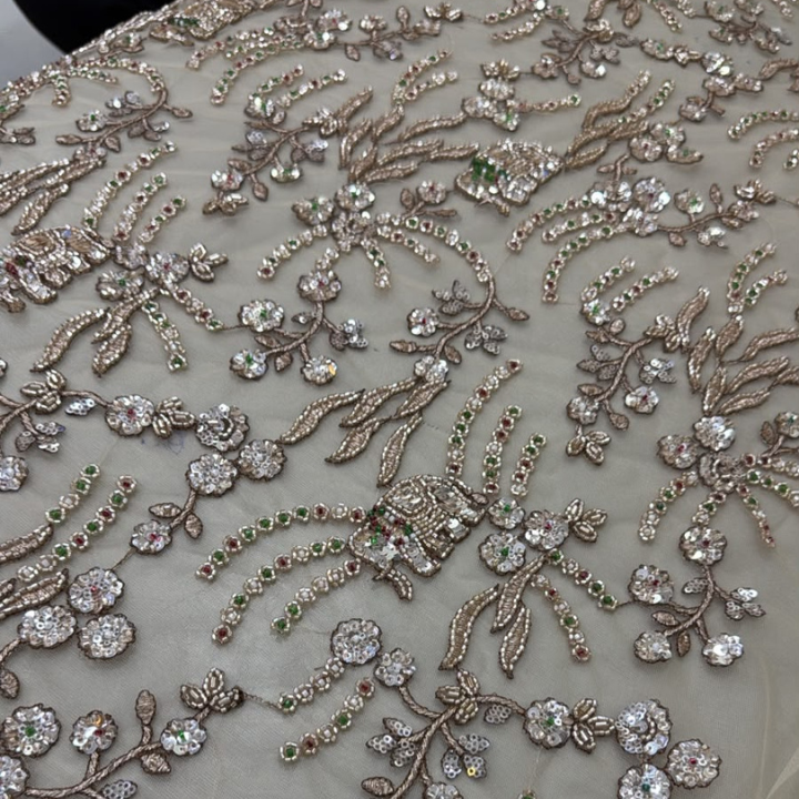 Premium Floral Vine Sequin Embroidered Mesh Net Fabric Heavy Beadwork Pattern by the Yard