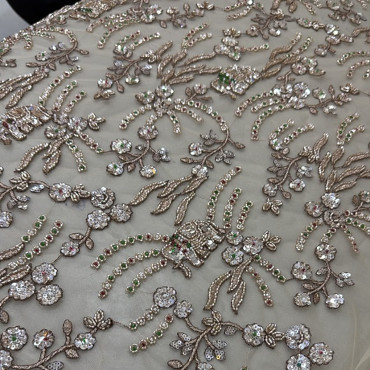 Premium Floral Vine Sequin Embroidered Mesh Net Fabric Heavy Beadwork Pattern by the Yard