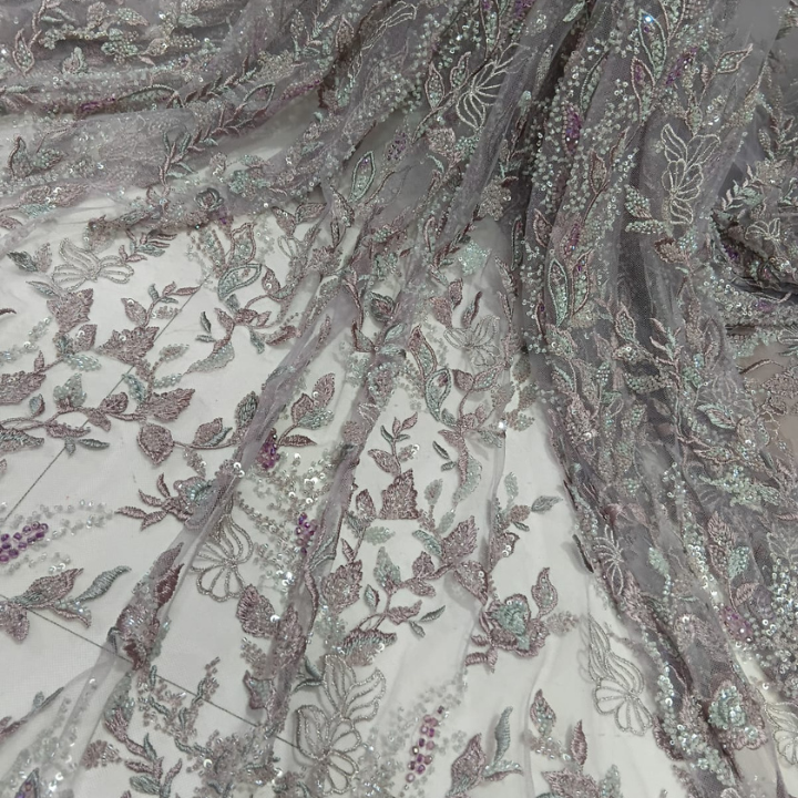 Floral Vine Embroidered Net Fabric with Cutdana & Sequin Work Big Width Premium Bridal & Party Wear Fabric