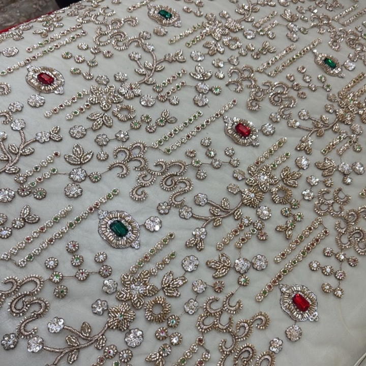Premium Floral Vine Embroidered Net Fabric with Heavy Sequins & Stone Embellishments By The Yard