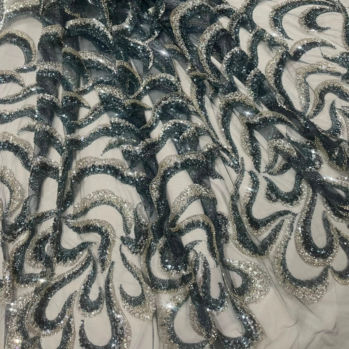 Net Embroidery Fabric Cut Dana Sequin Work Feather Swirl Pattern Big Width