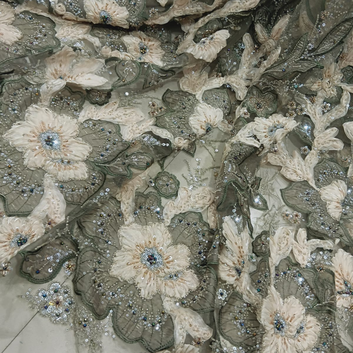 Premium 3D Floral Embroidered Net Fabric Cutdana & Sequin Work Big Width