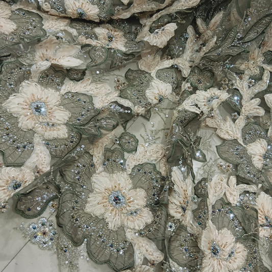 Premium 3D Floral Embroidered Net Fabric Cutdana & Sequin Work Big Width