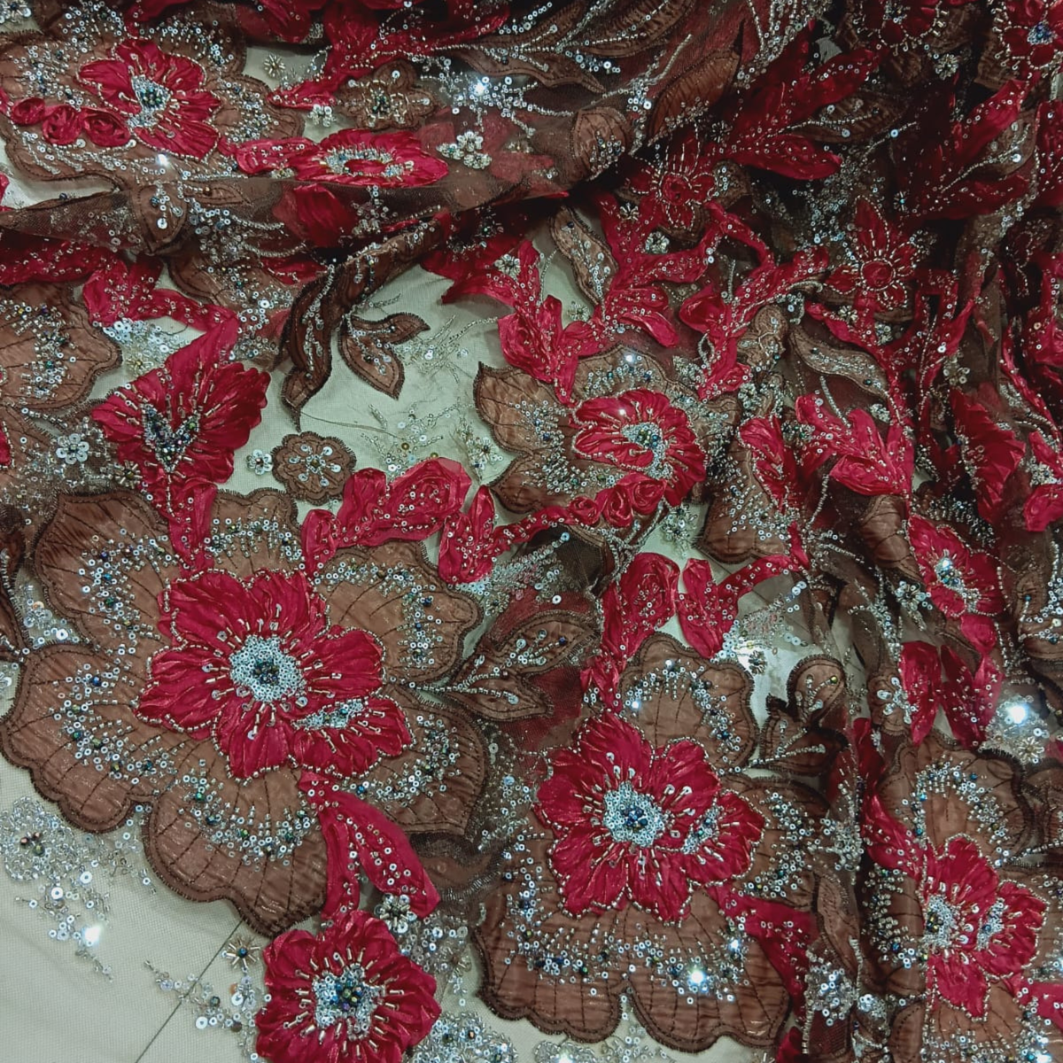 Premium 3D Floral Embroidered Net Fabric Cutdana & Sequin Work Big Width