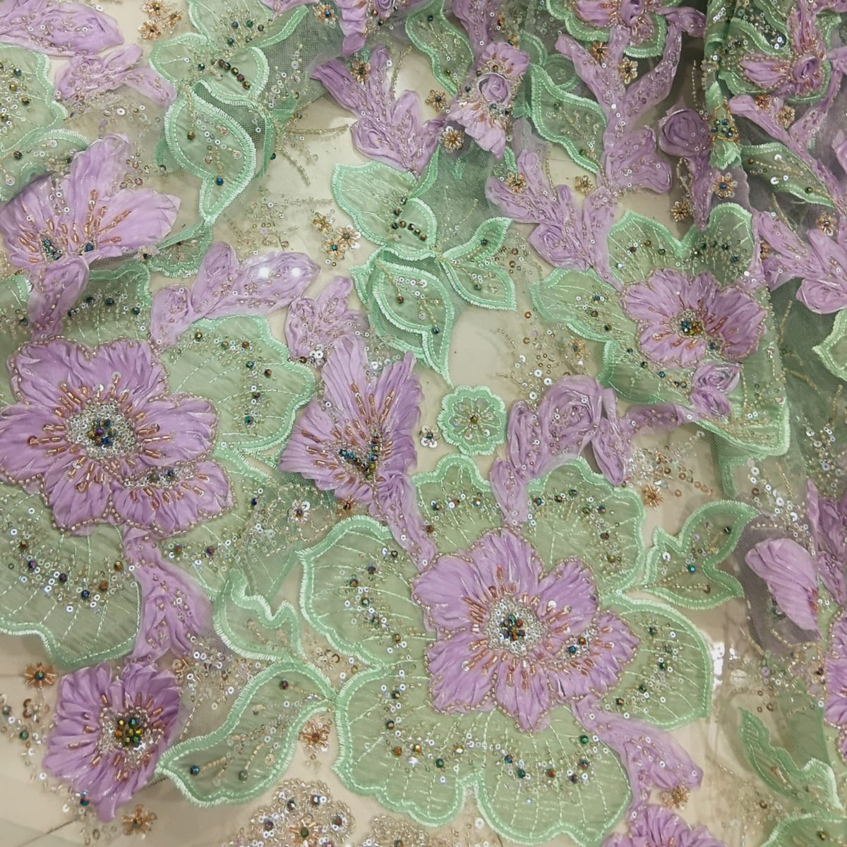 Premium 3D Floral Embroidered Net Fabric Cutdana & Sequin Work Big Width