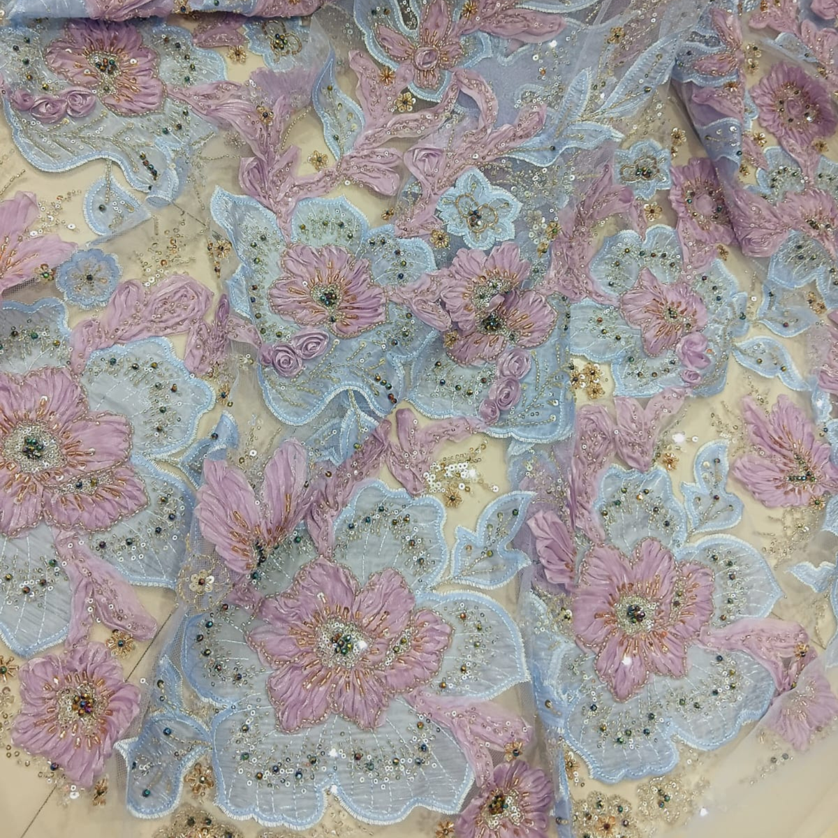 Premium 3D Floral Embroidered Net Fabric Cutdana & Sequin Work Big Width