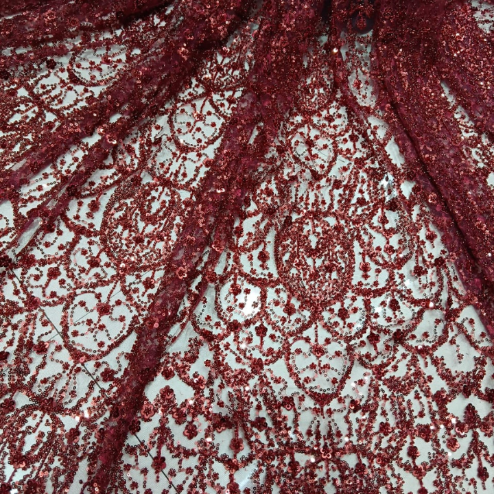Net Embroidery Fabric with Cutdana Floral Vine Pattern Big Width