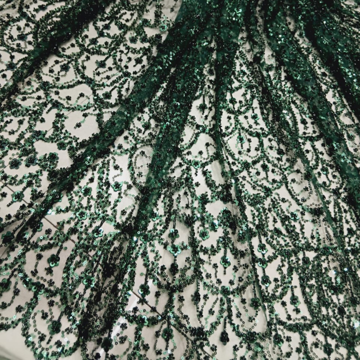 Net Embroidery Fabric with Cutdana Floral Vine Pattern Big Width