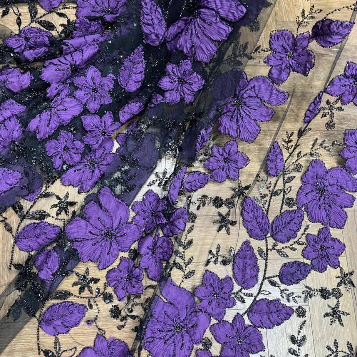 Luxury 3D Ribbon Floral Embroidery on Net Beaded Couture Fabric with Cutdana & Pearls Big Width