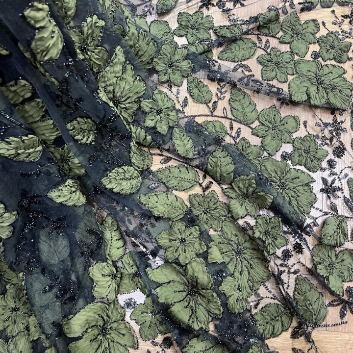 Luxury 3D Ribbon Floral Embroidery on Net Beaded Couture Fabric with Cutdana & Pearls Big Width