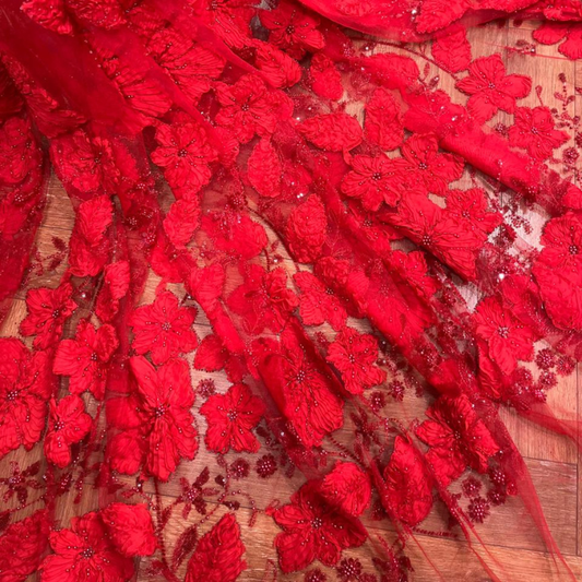 Luxury 3D Ribbon Floral Embroidery on Net Beaded Couture Fabric with Cutdana & Pearls Big Width