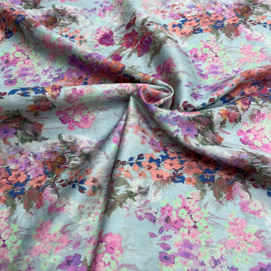 Premium Floral Digital Print Cotton Satin Fabric Big Width