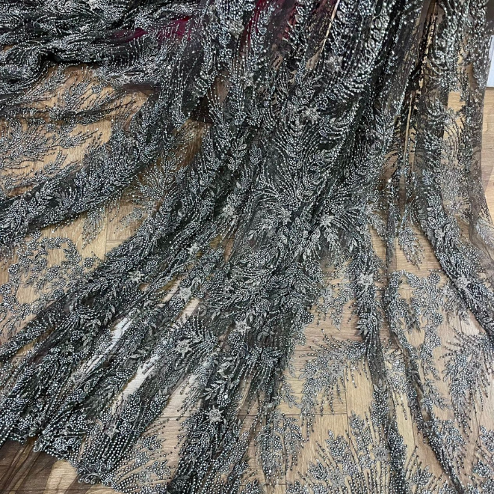 Premium Cutdana & Pearl Embroidered Net Fabric Heavy Handwork