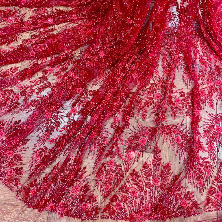 Premium Cutdana & Pearl Embroidered Net Fabric Heavy Handwork