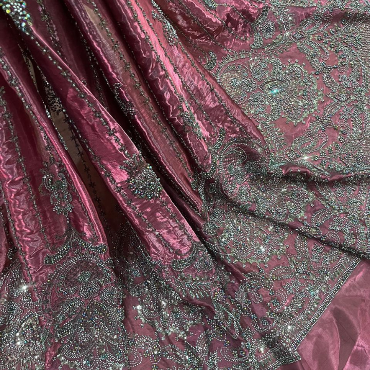 Premium Embroidered Organza Fabric with Intricate Cutdana & Sequin Work  Floral Artisan Pattern