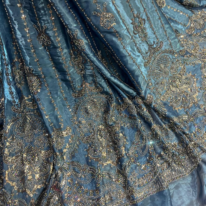 Premium Embroidered Organza Fabric with Intricate Cutdana & Sequin Work  Floral Artisan Pattern