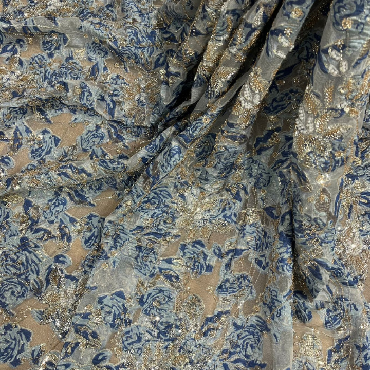 Shop our premium Floral Organza Jacquard Brocade Hand-Beaded Cutdana & Pearl Work - Big Width