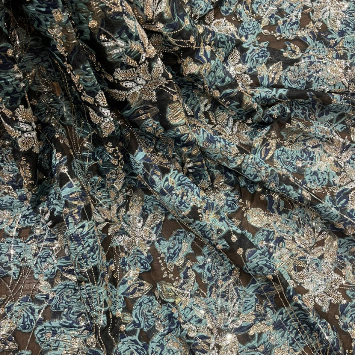 Shop our premium Floral Organza Jacquard Brocade Hand-Beaded Cutdana & Pearl Work - Big Width