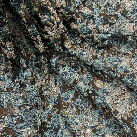 Shop our premium Floral Organza Jacquard Brocade Hand-Beaded Cutdana & Pearl Work - Big Width