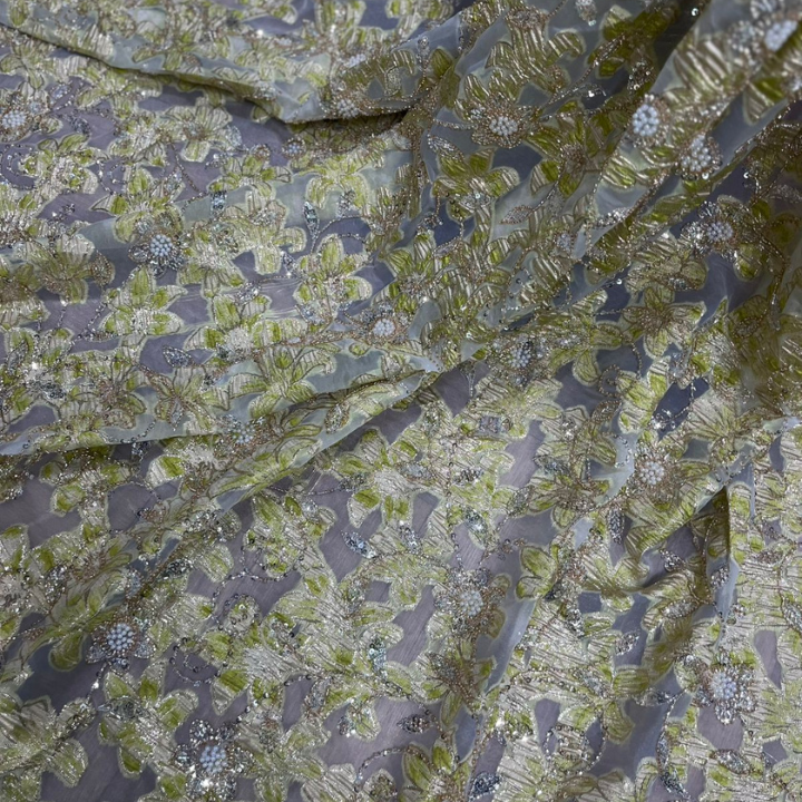 Premium Brocade Floral Organza Jacquard Hand-Beaded Cutdana & Pearl Work - Big Width