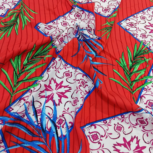 Rayon Print Fabric Modern Geometric & Tropical Leaves Pattern