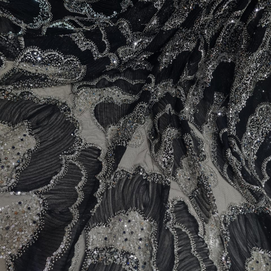 Premium Textured Ribbon Embroidery Fabric with Sparkle Sequins on Soft Net