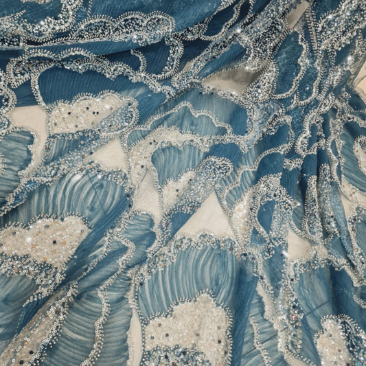 Premium Textured Ribbon Embroidery Fabric with Sparkle Sequins on Soft Net