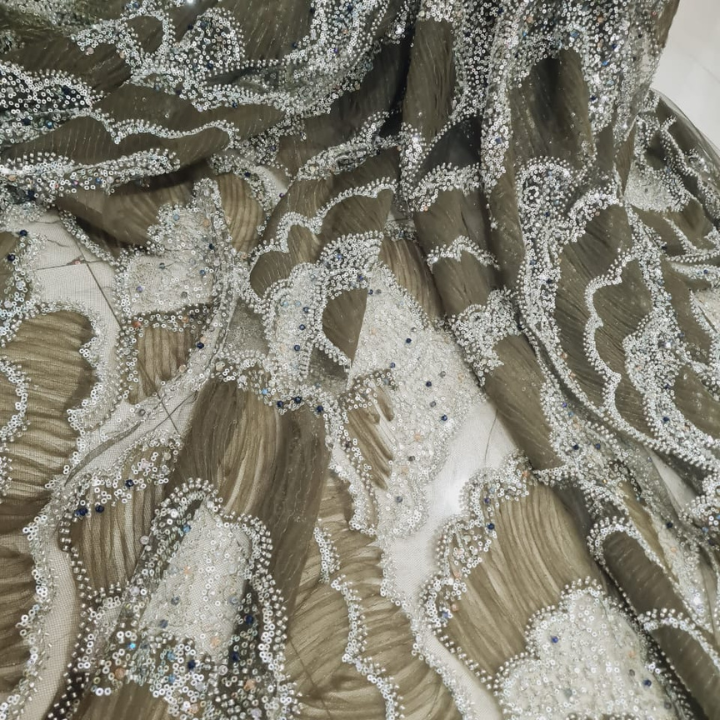 Premium Textured Ribbon Embroidery Fabric with Sparkle Sequins on Soft Net