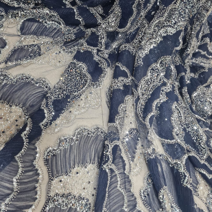 Premium Textured Ribbon Embroidery Fabric with Sparkle Sequins on Soft Net