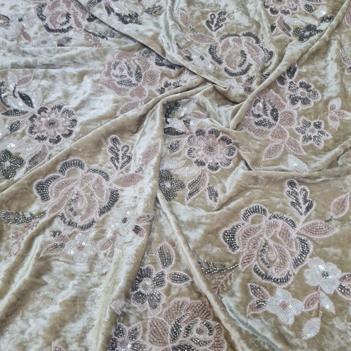 Premium Cutdana Hand-Embellished Sand Velvet Fabric