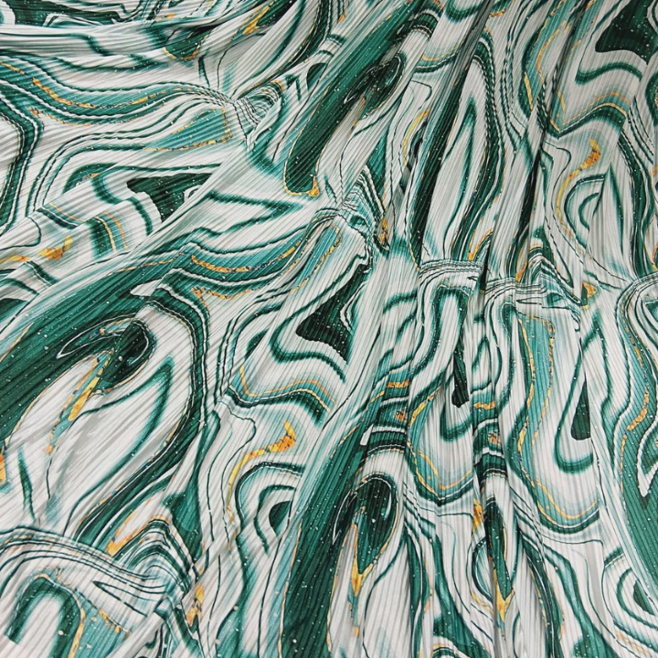 Satin Pleating Fabric Abstract Marble Swirl Print Big Width