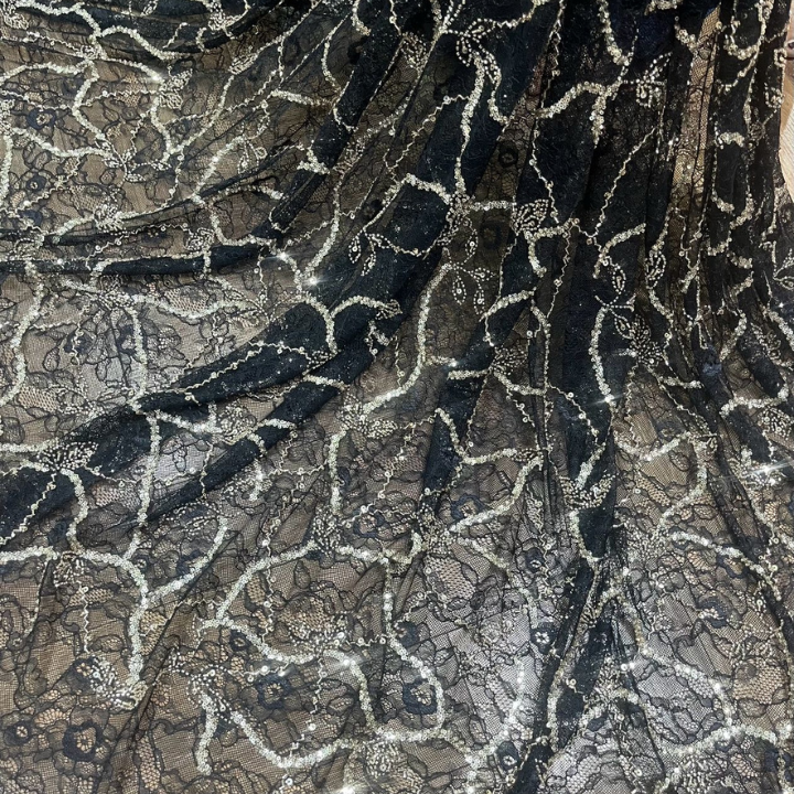 Premium Self Net Embroidery Fabric Floral Vine Pattern with Sequins Big Width
