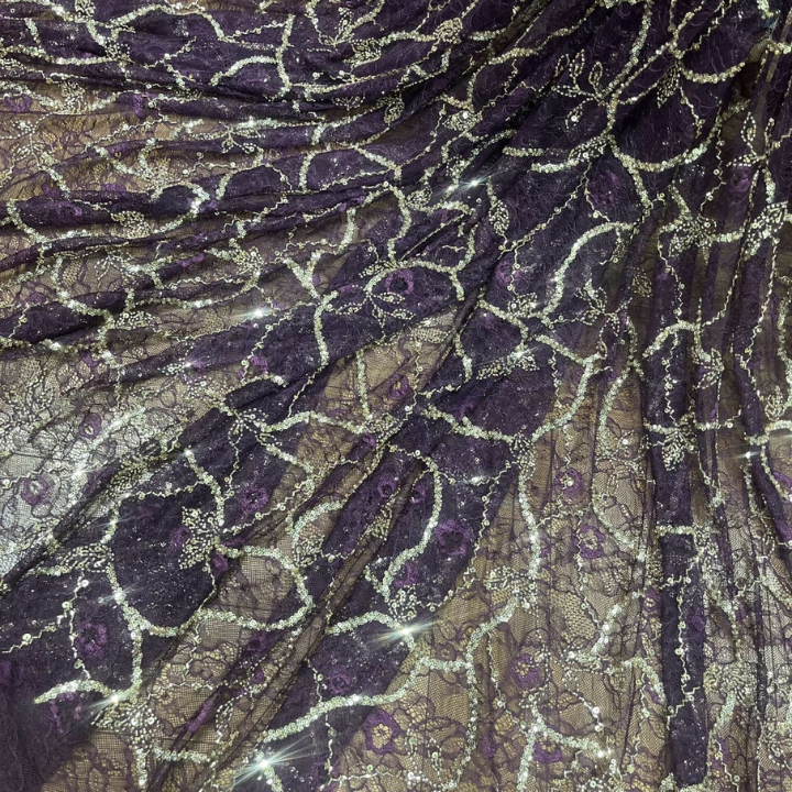 Premium Self Net Embroidery Fabric Floral Vine Pattern with Sequins Big Width