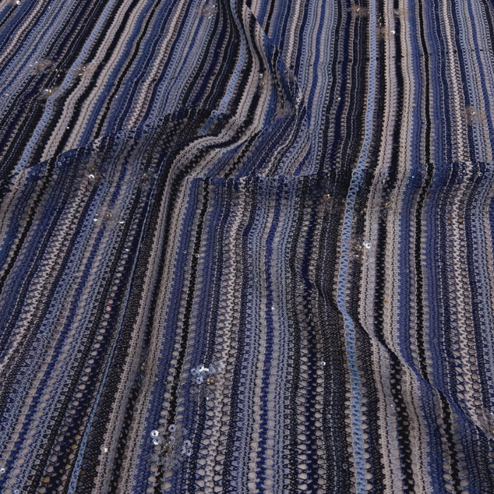 Textured Zig-Zag Crochet Fabric with Clear Sequins Multi Stripe Design Big Width
