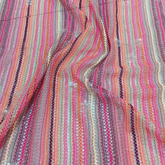 Textured Zig-Zag Crochet Fabric with Clear Sequins Multi Stripe Design Big Width