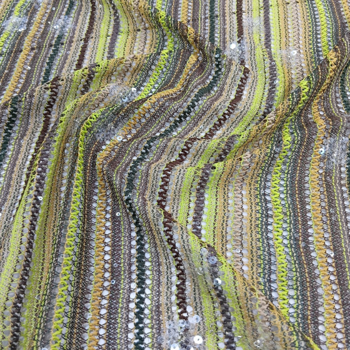 Textured Zig-Zag Crochet Fabric with Clear Sequins Multi Stripe Design Big Width