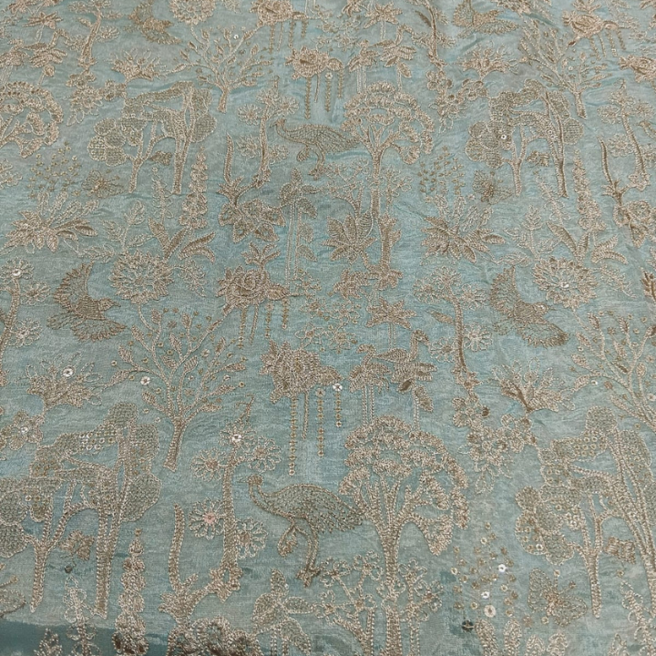 Forest Enchantment Shimmer Silk Embroidery Fabric 44 Inch Width Bird & Floral Pattern