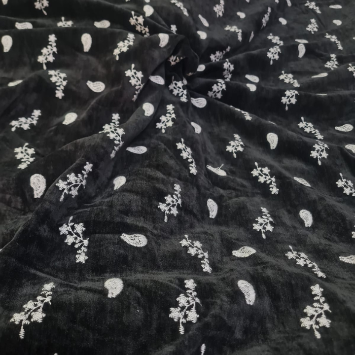 Premium Viscose Velvet Lycra Fabric with Floral Embroidery
