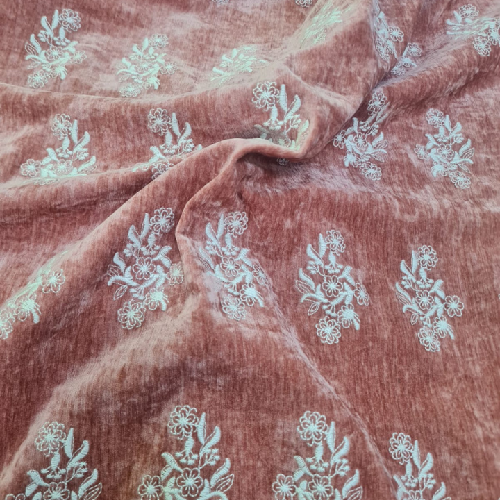 Premium Viscose Velvet Lycra Fabric with Floral Embroidery
