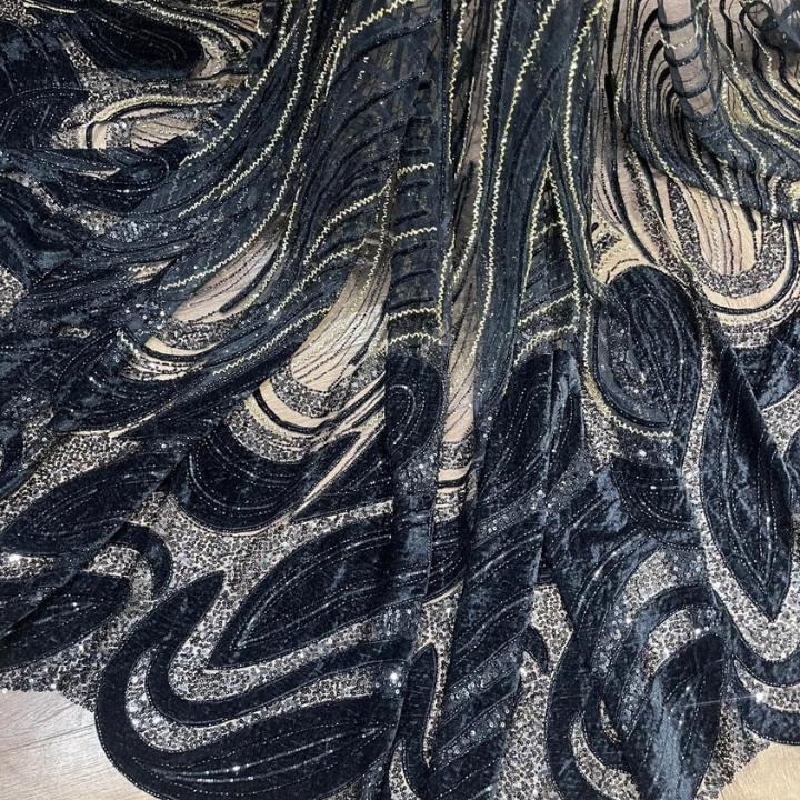 Luxury Velvet & Sequins Embroidered Net Fabric